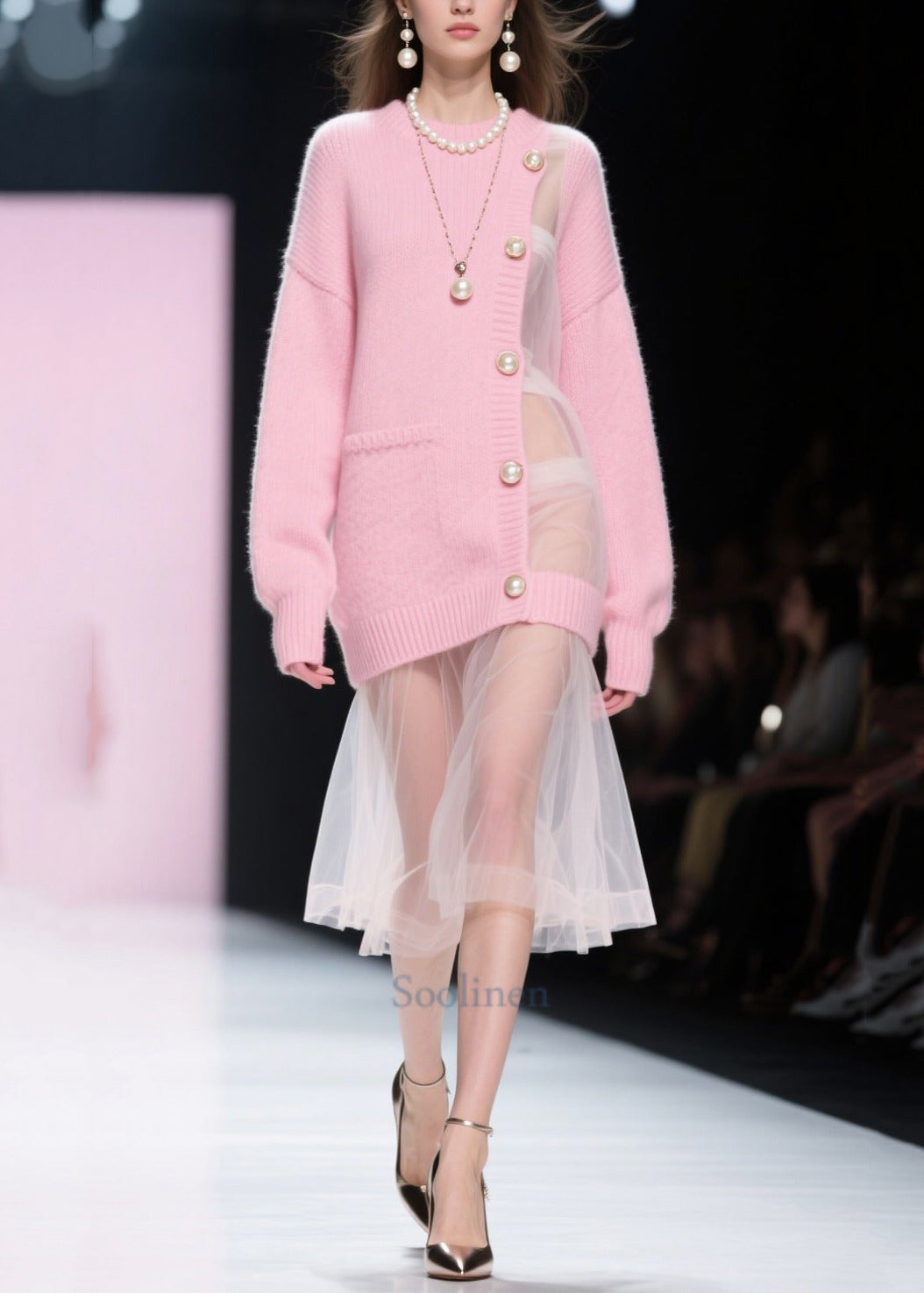 Women Pink Patchwork Tulle Pearl Knitted Dress Fall