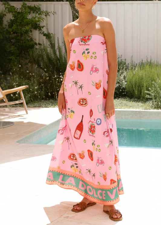 Women Pink Print Strapless Cotton Vacation Maxi Dress