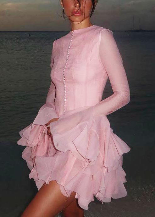 Women Pink Single Breast Mini Dress Flare Sleeve