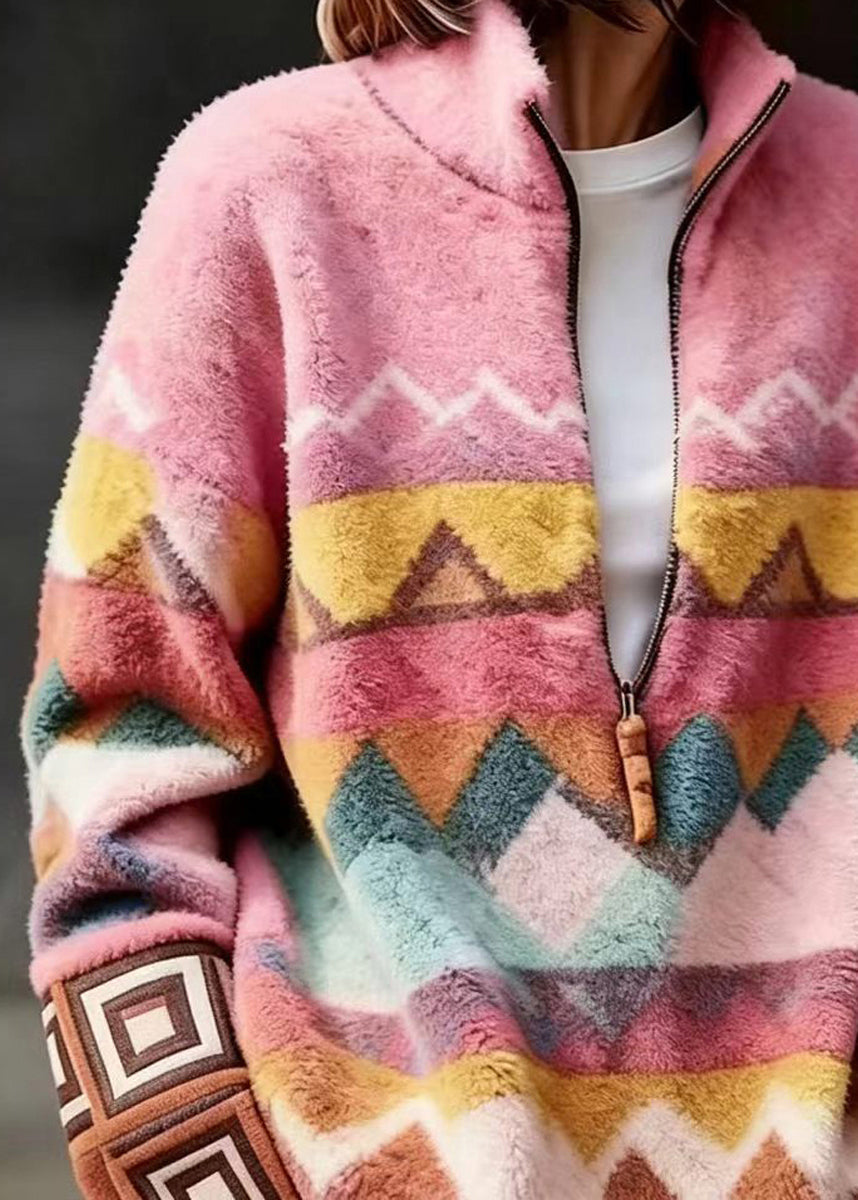 Women Pink Stand Collar Zippered Sweater Fall