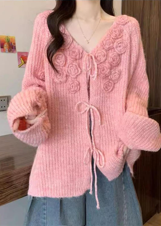 Women Pink Stereoscopic Floral Thick Knit Cardigan Fall