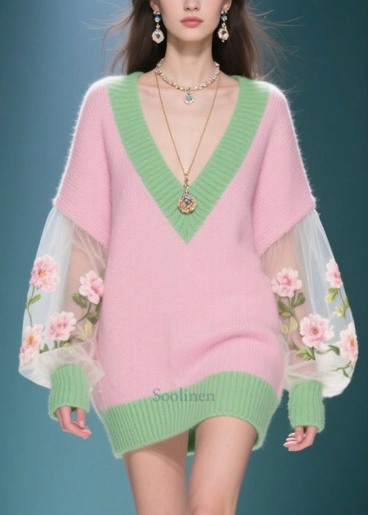 Women Pink V Neck Patchwork Tulle Sweater Dress Winter