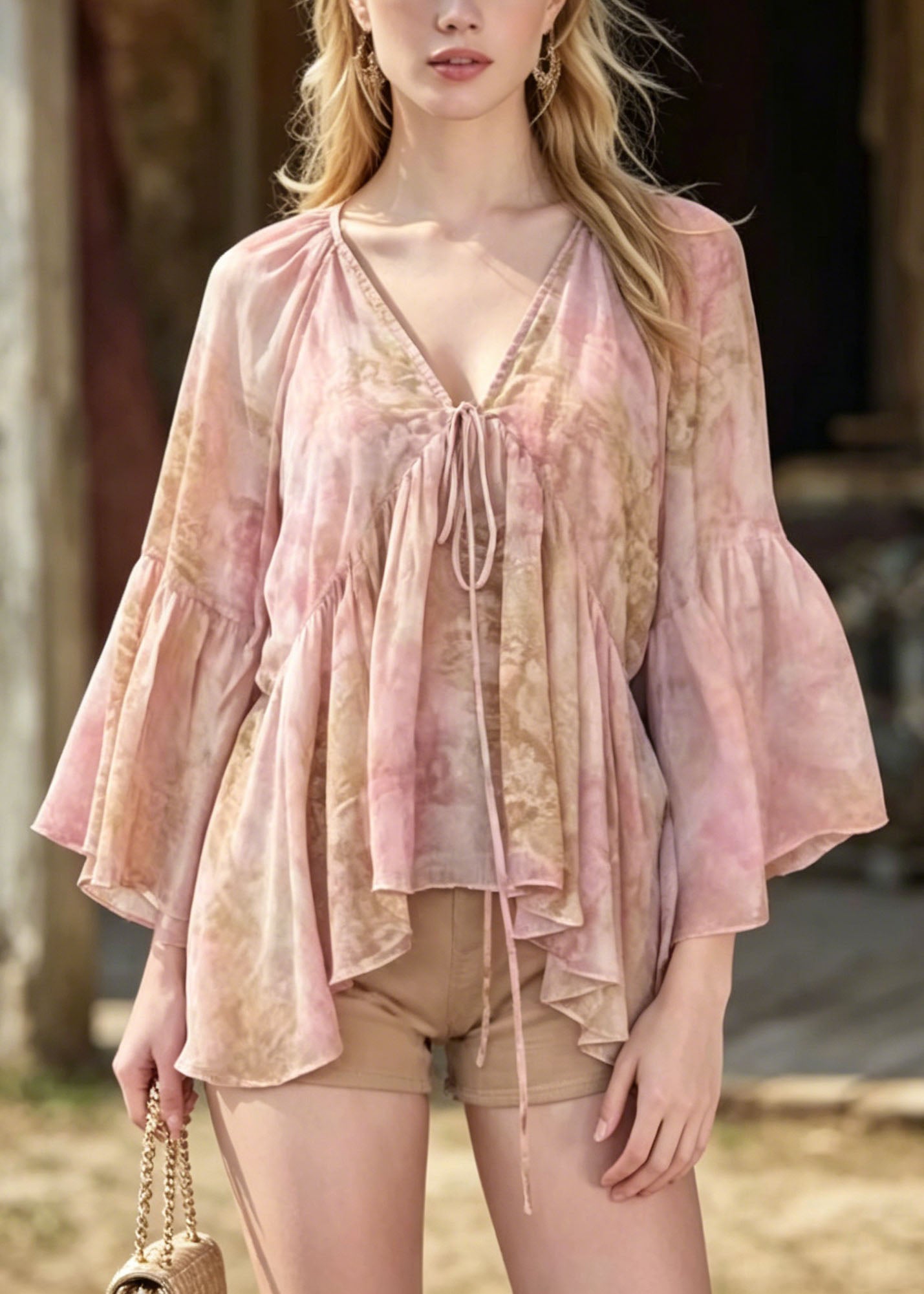 Women Pink V Neck Print Chiffon Blouse Top Flare Sleeve