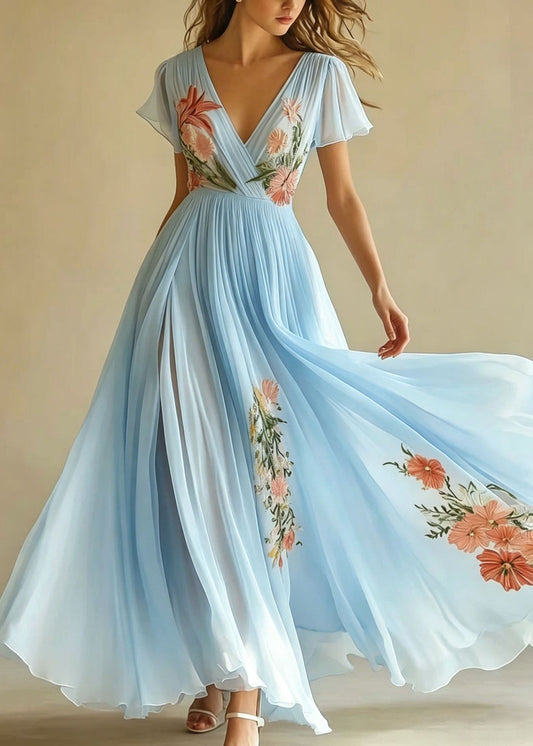 Women Pink V Neck Print Wrinkled Chiffon Long Dresses Summer