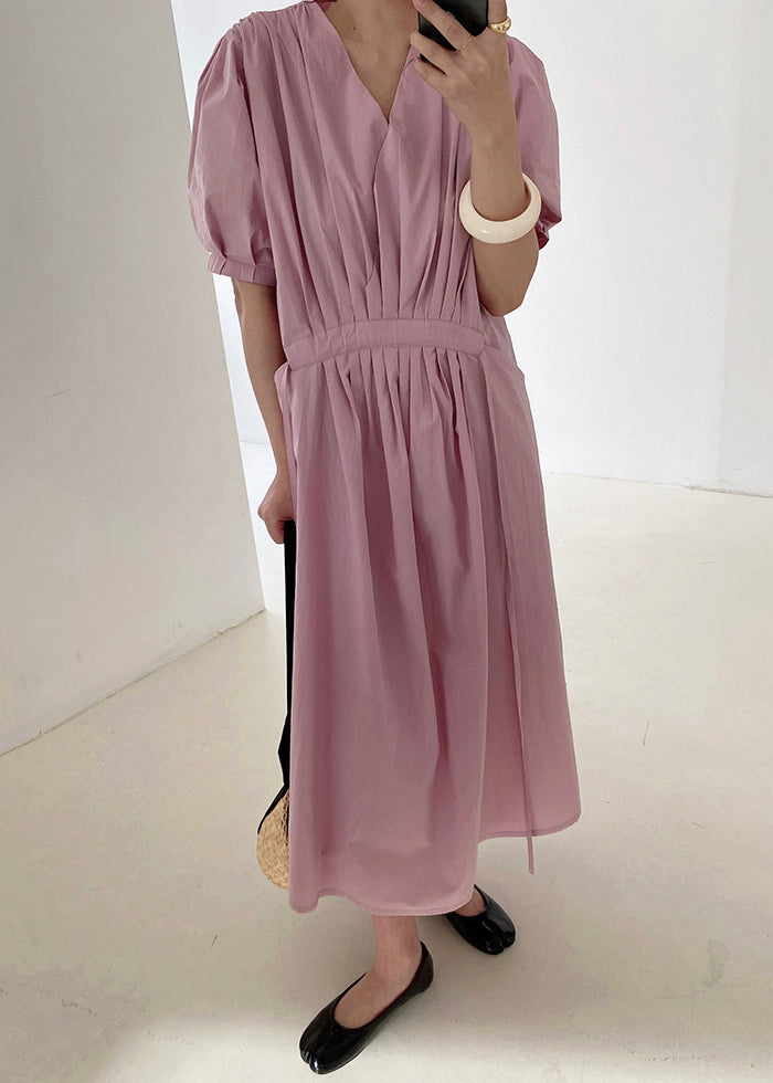 Women Pink Wrinkled Pockets Tie Waist Cotton Long Dresses Summer