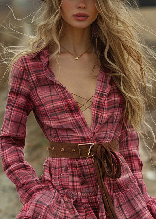 Women Plaid Ruffled Pastoral Style Long Sleeve Mini Dress