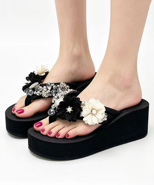 Women Platform White Flower Faux Leather Thong Sandals