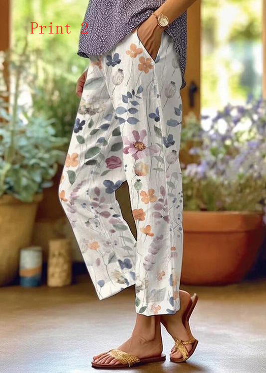 Women Pockets Print Drawstring High Waist Cotton Pants Summer