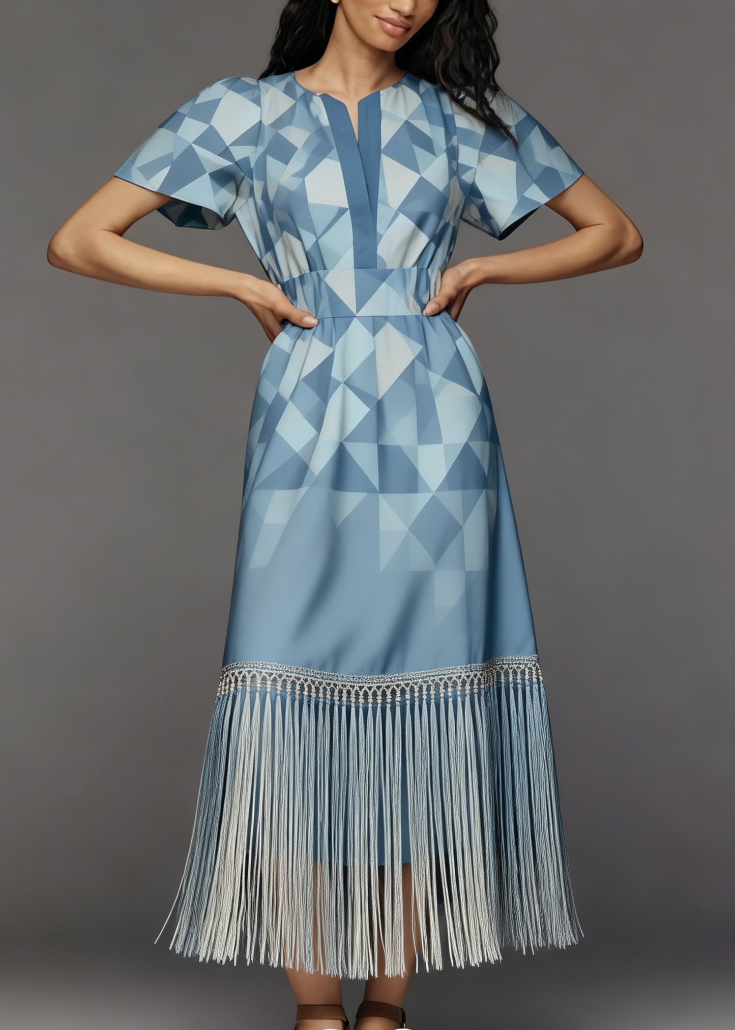 Women Print O Neck Tassel Patchwork Cotton Long Dresses Summer