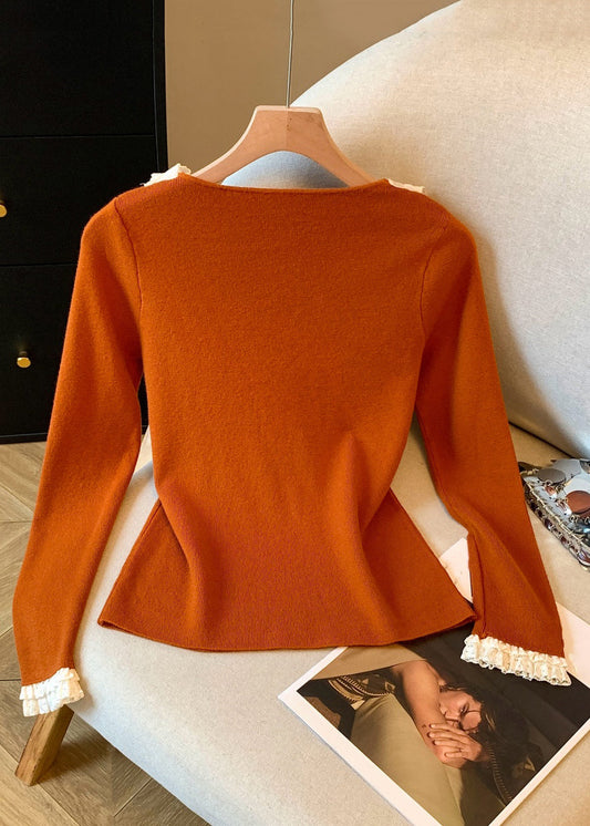 Women Pumpkin Color V Neck Ruffled Patchwork Knitting Cotton T Shirt Fall