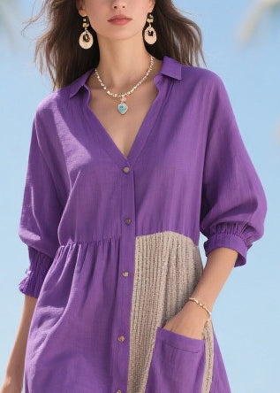 Women Purple Asymmetrical Patchwork Cotton Dresses Summer
