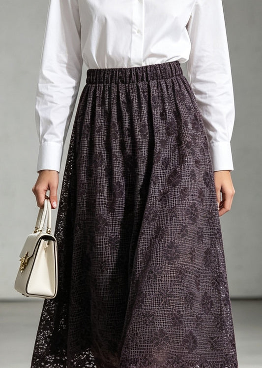 Women Purple Embroidered Elastic Waist Lace Skirt Fall