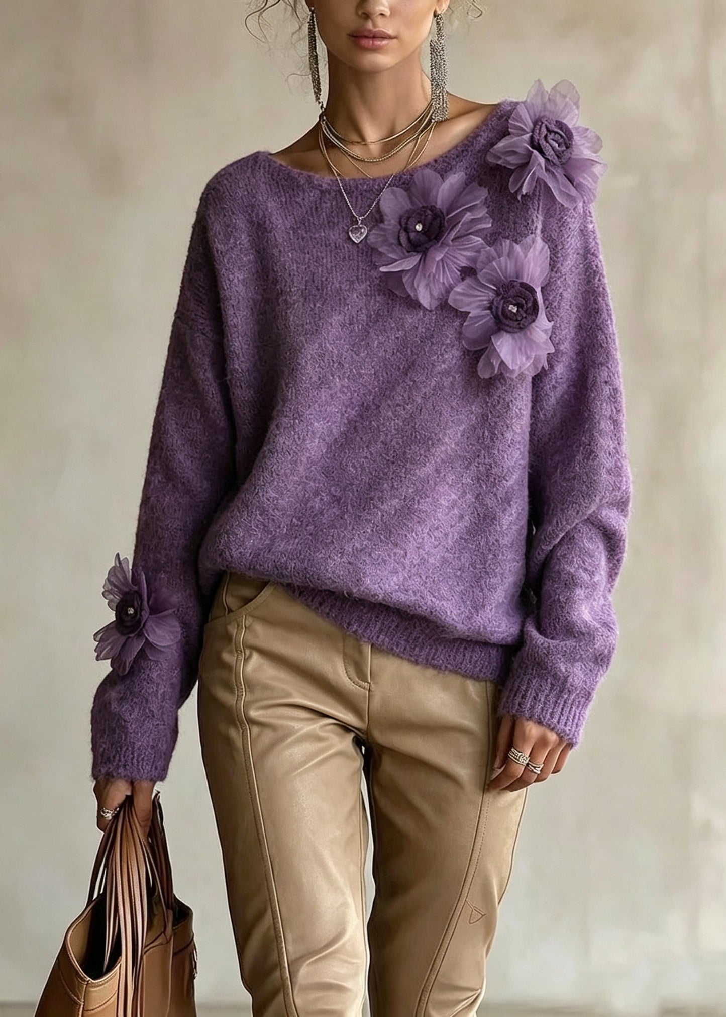 Women Purple O Neck Floral Decorated Knit Sweater Tops Fall
