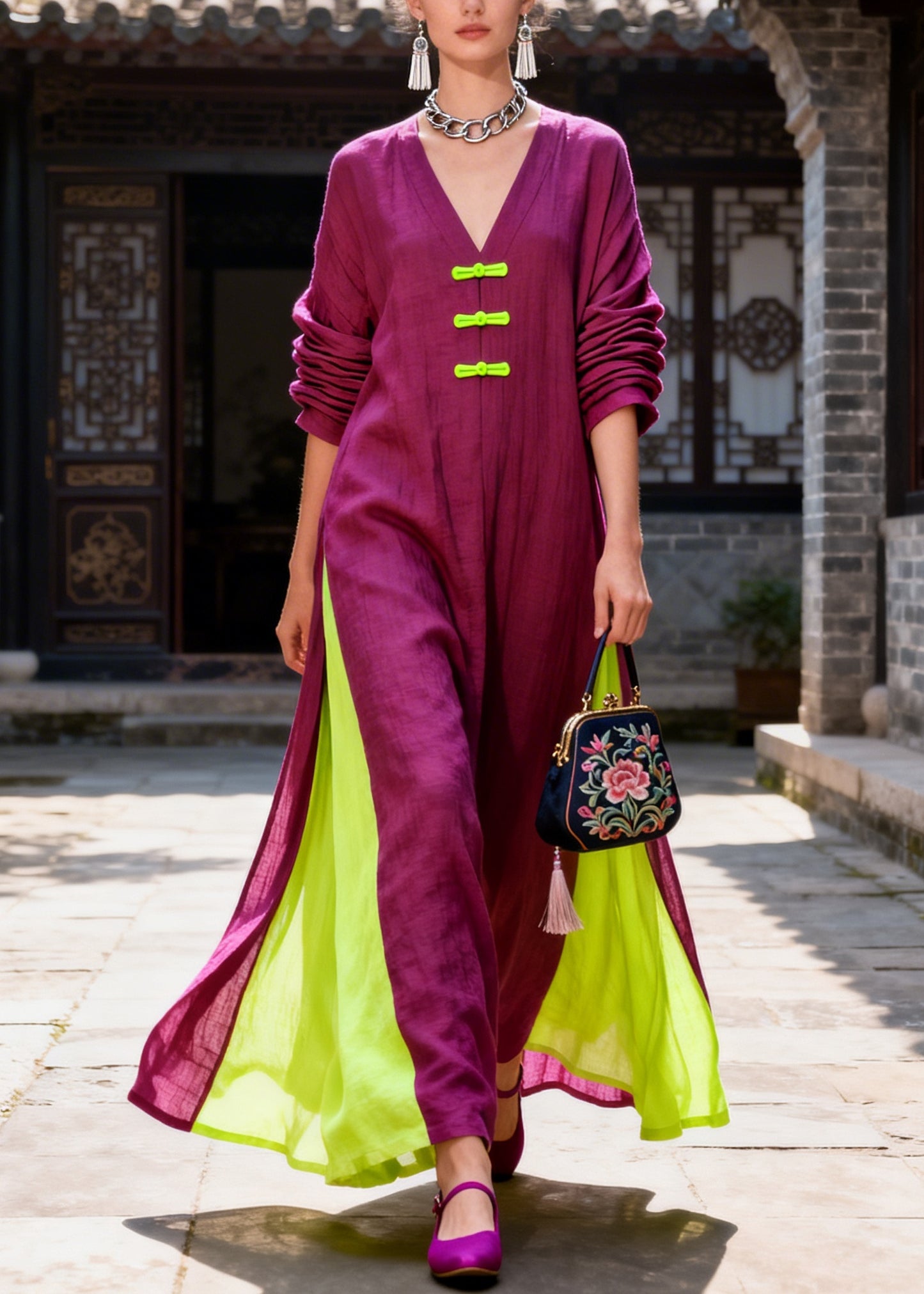 Women Purple Oversized Patchwork Chinese Button Cotton Maxi Dresses