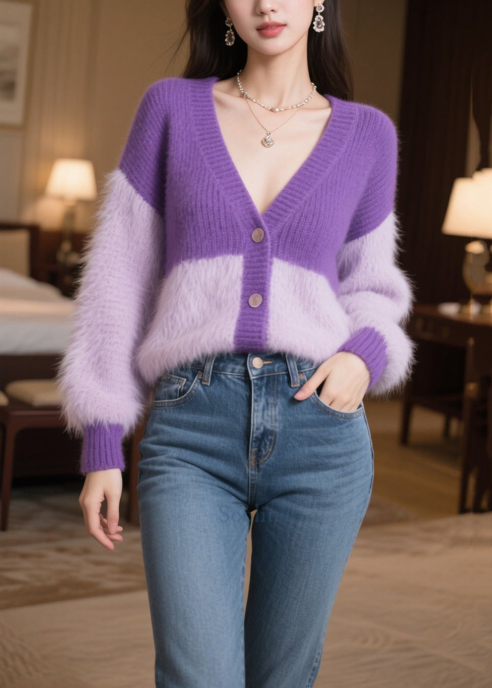 Women Purple Oversized Patchwork Knit Loose Coats Winter
