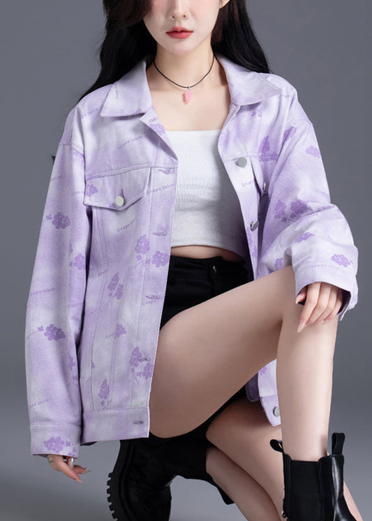 Women Purple Oversized Print Denim Coat Outwear Spring