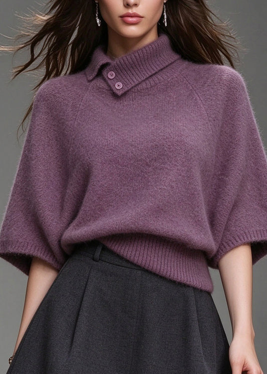 Women Purple Peter Pan Collar Patchwork Knit Sweaters Batwing Sleeve