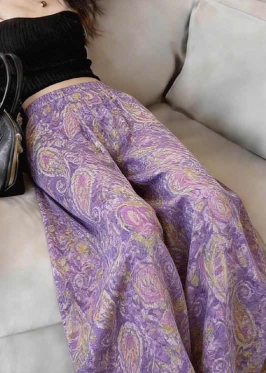 Women Purple Print Wide Leg Pants Summer