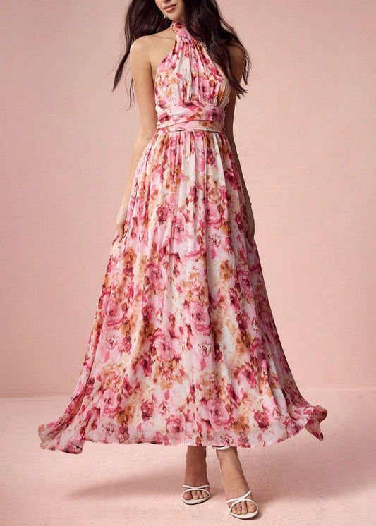 Women Purple Print Wrinkled Chiffon Long Dress Sleeveless