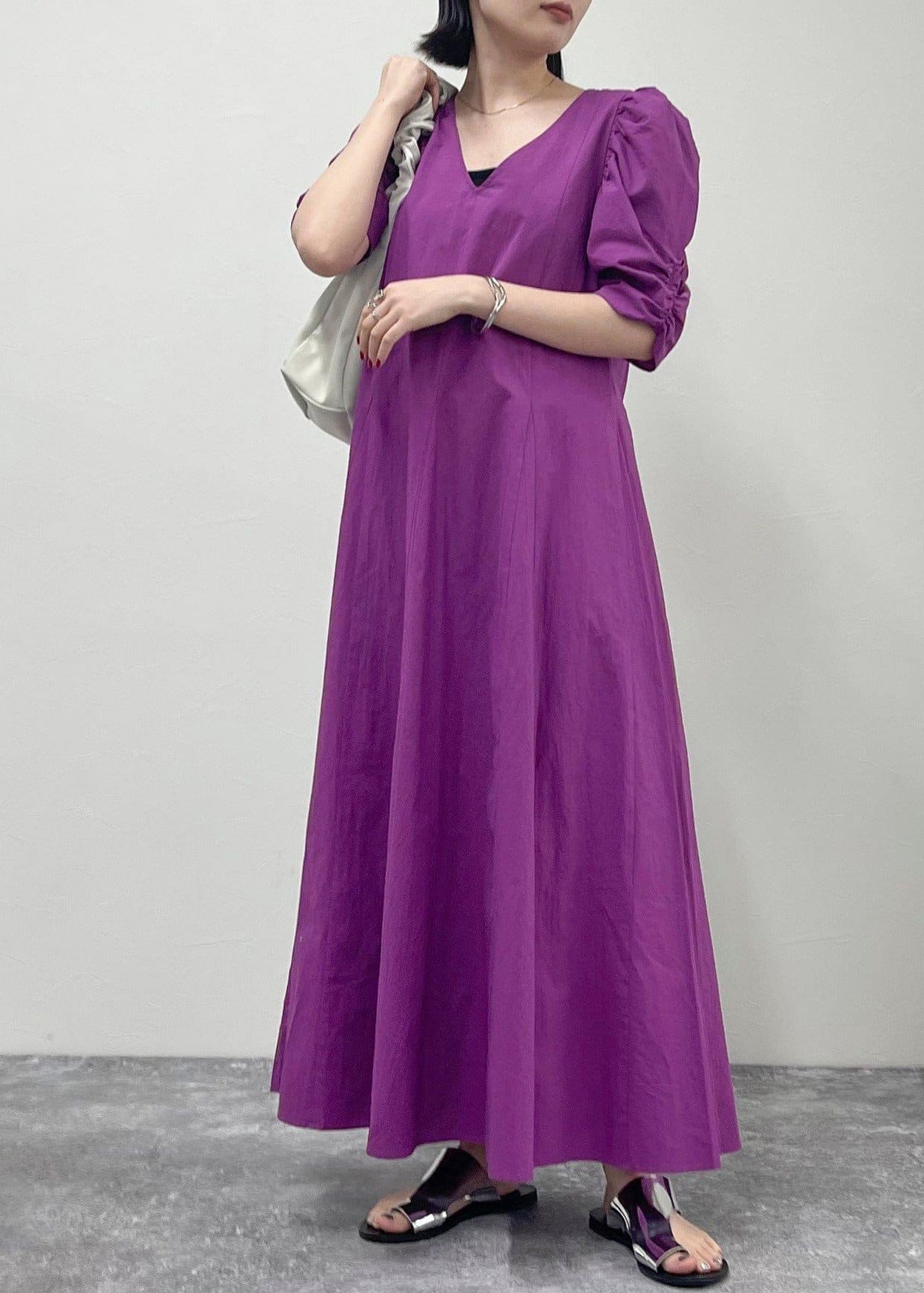 Women Purple Puff Sleeve Cotton Party Dress Summer