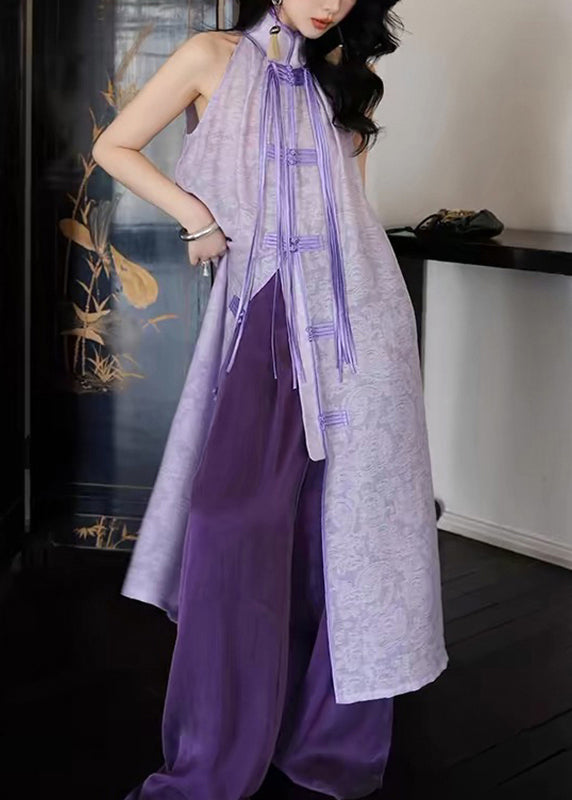 Women Purple Stand Collar Asymmetrical Button Tassel Maxi Dresses Summer