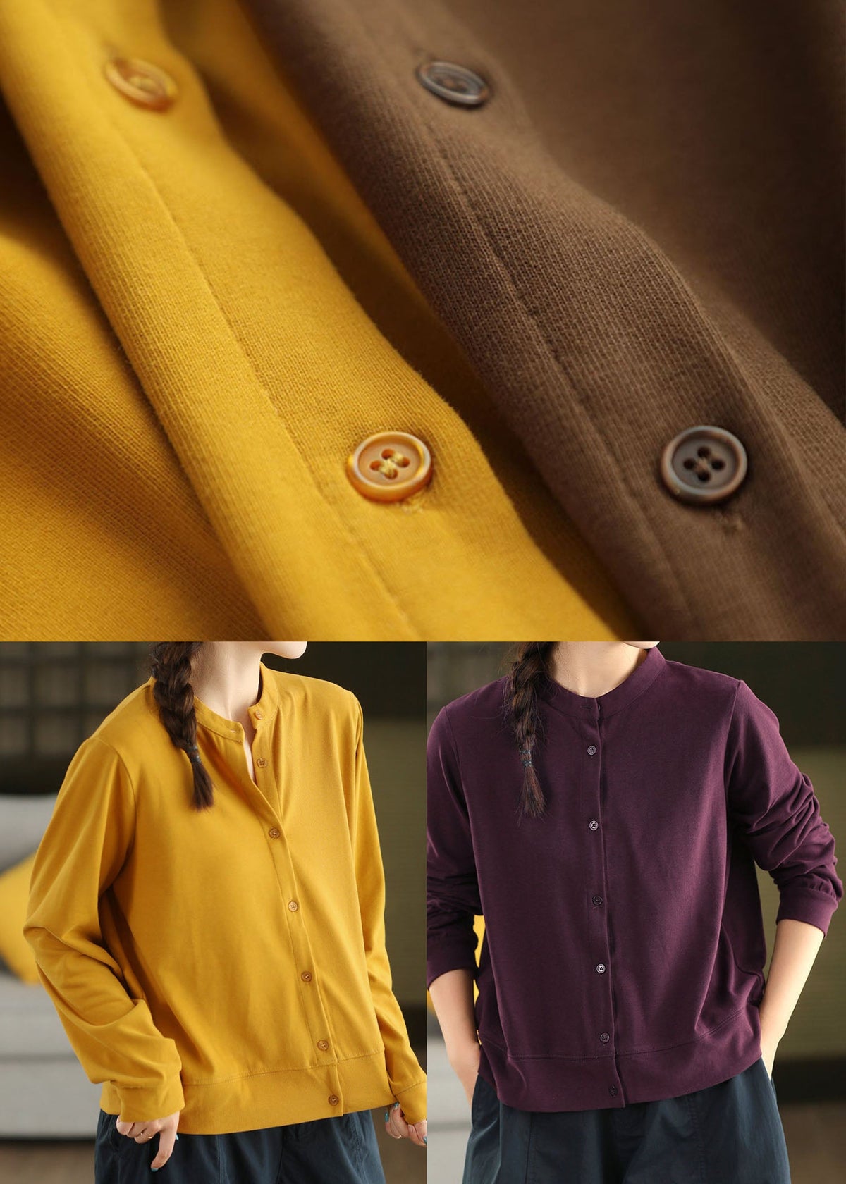 Women Purple Stand Collar Cotton Shirt Tops Fall