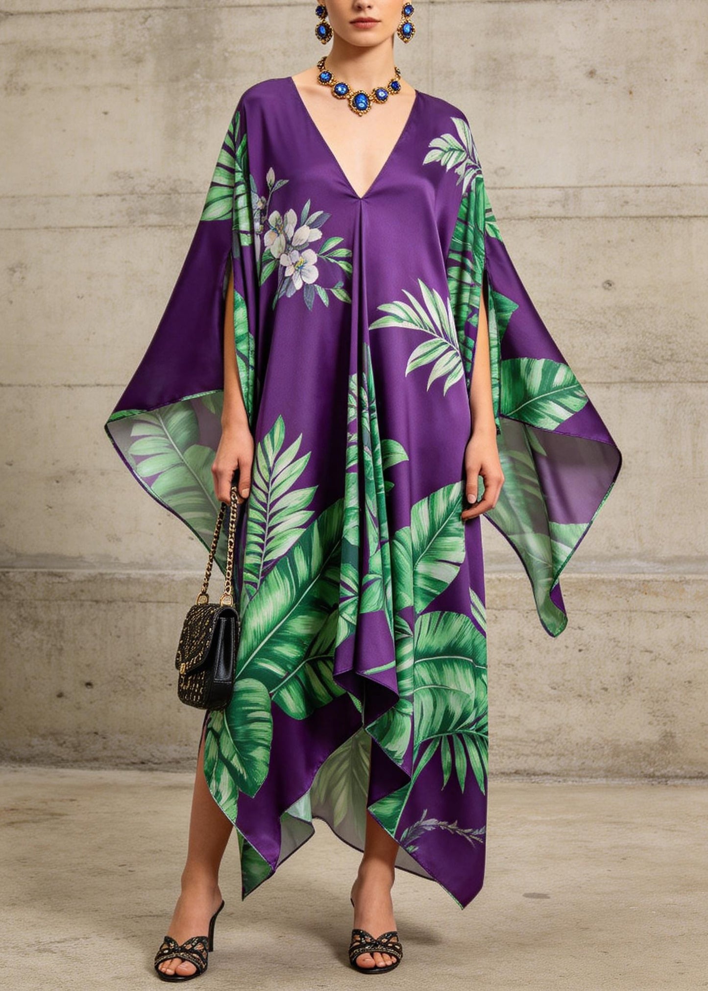 Women Purple V Neck Asymmetrical Design Print Chiffon Dress Summer