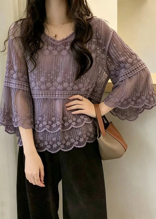 Women Purple V Neck Embroidered Lace Top Flare Sleeve