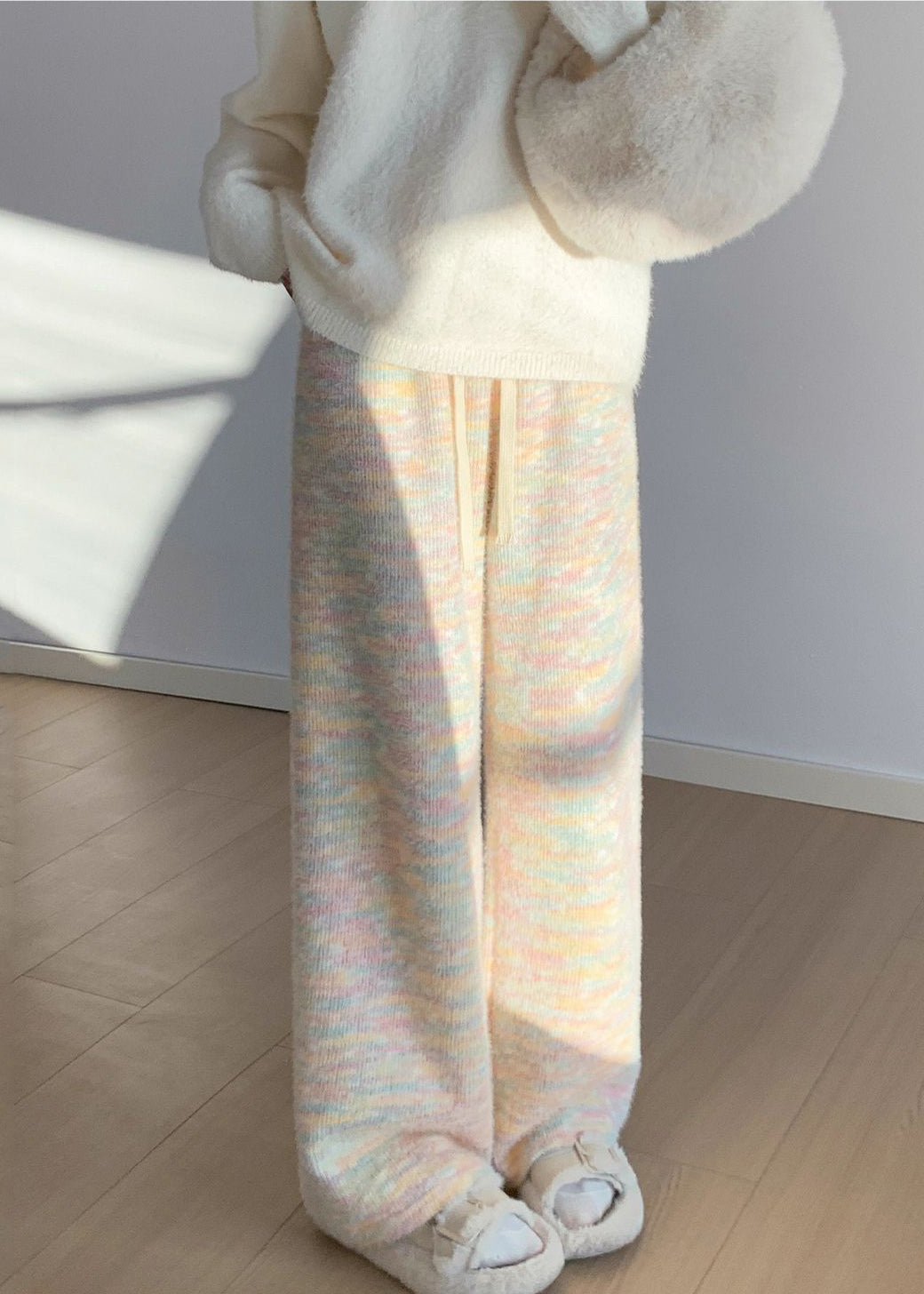 Women Rainbow Print Elastic Waist Warm Fleece Straight Pants Winter