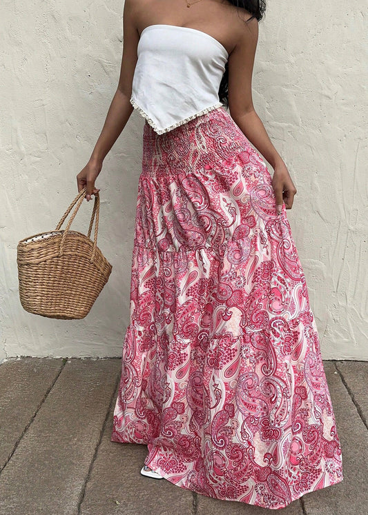 Women Red Elastic Waist Print Cotton Holiday Skirts Summer
