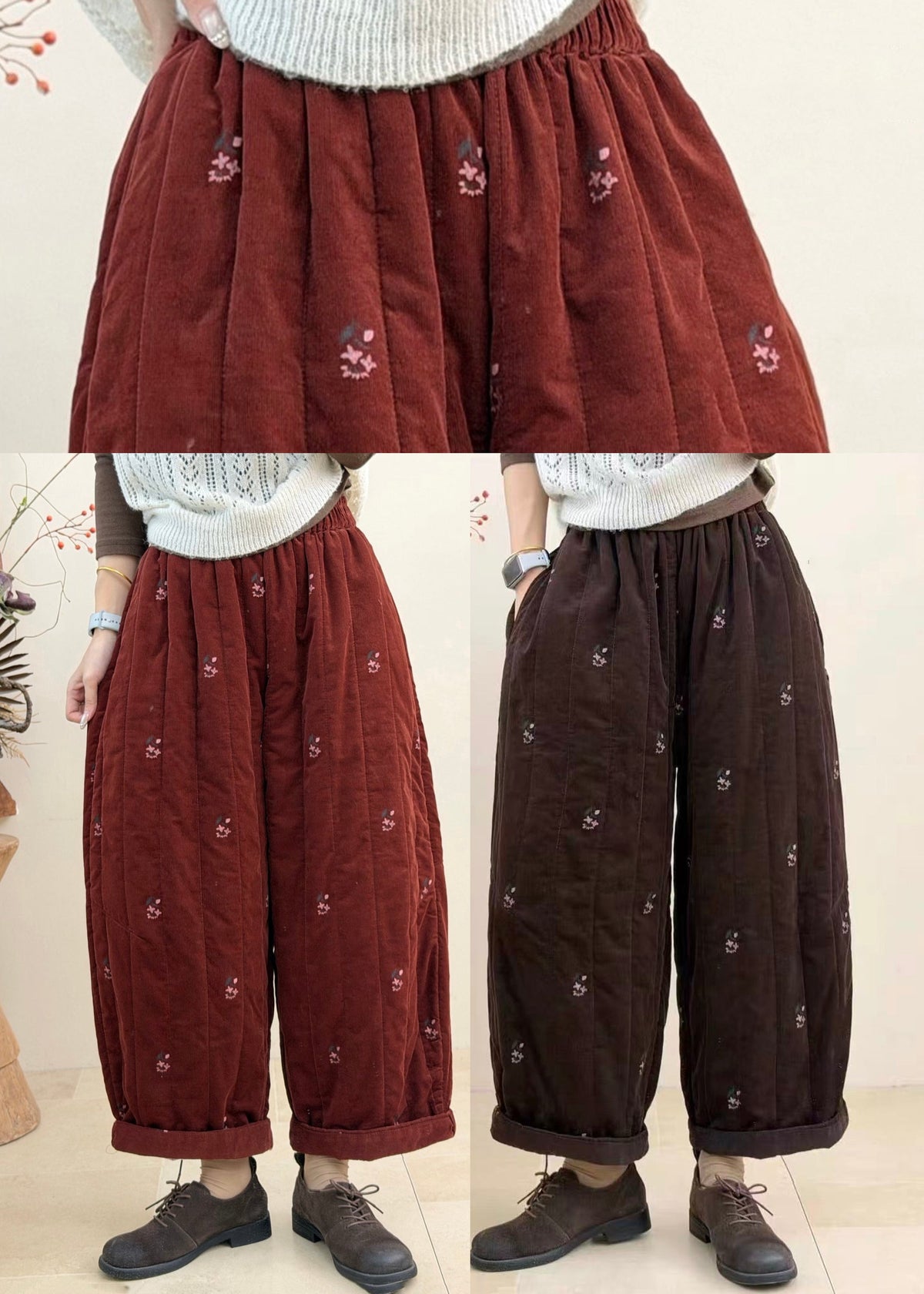 Women Red Embroidered Elastic Waist Corduroy Cotton Filled Crop Pants Fall
