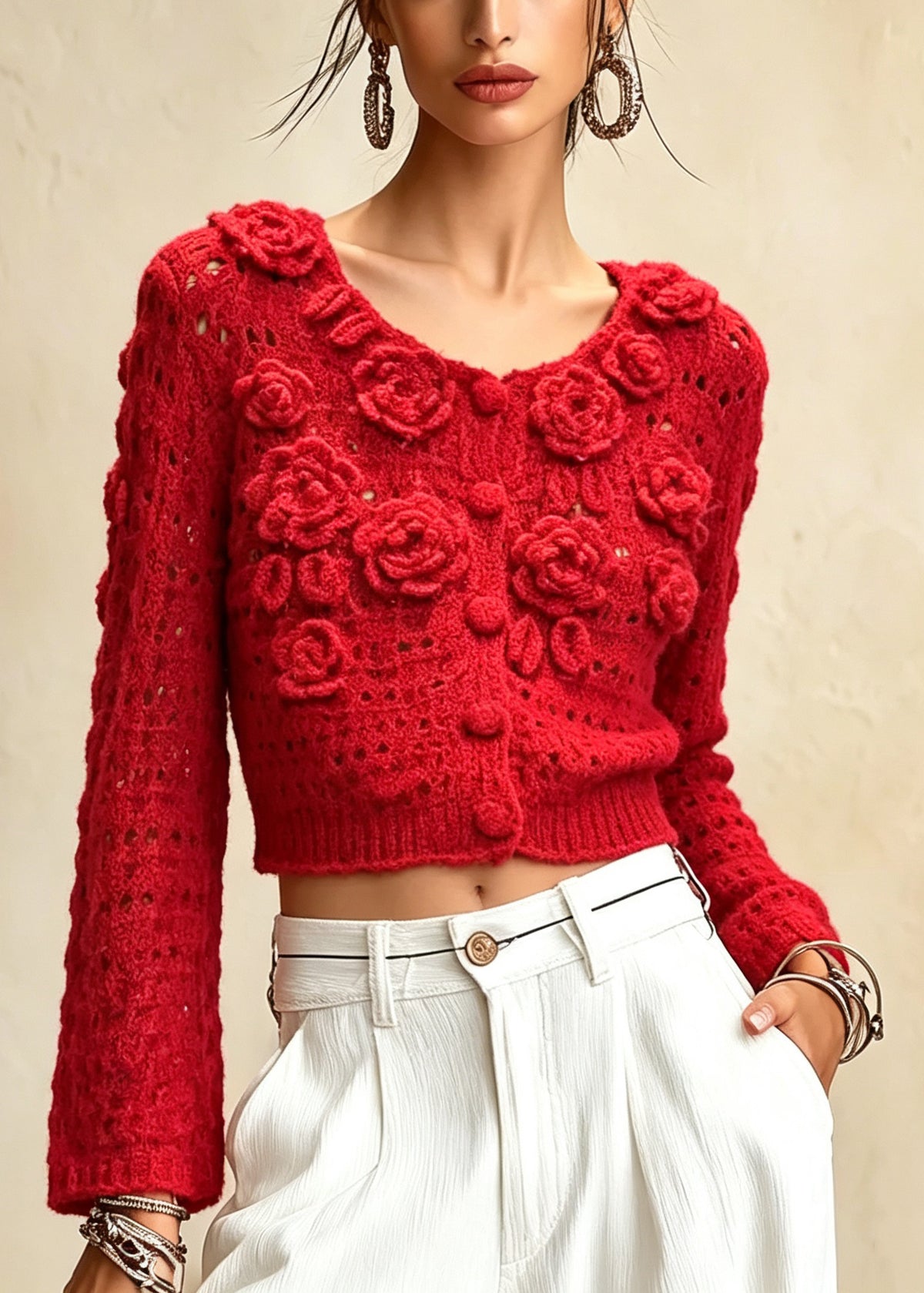 Women Red O Neck Floral Hollow Out Knit Cardigan Fall