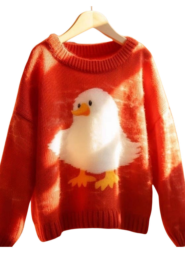 Women Red O Neck Little Duck Cotton Knit Sweaters Long Sleeve