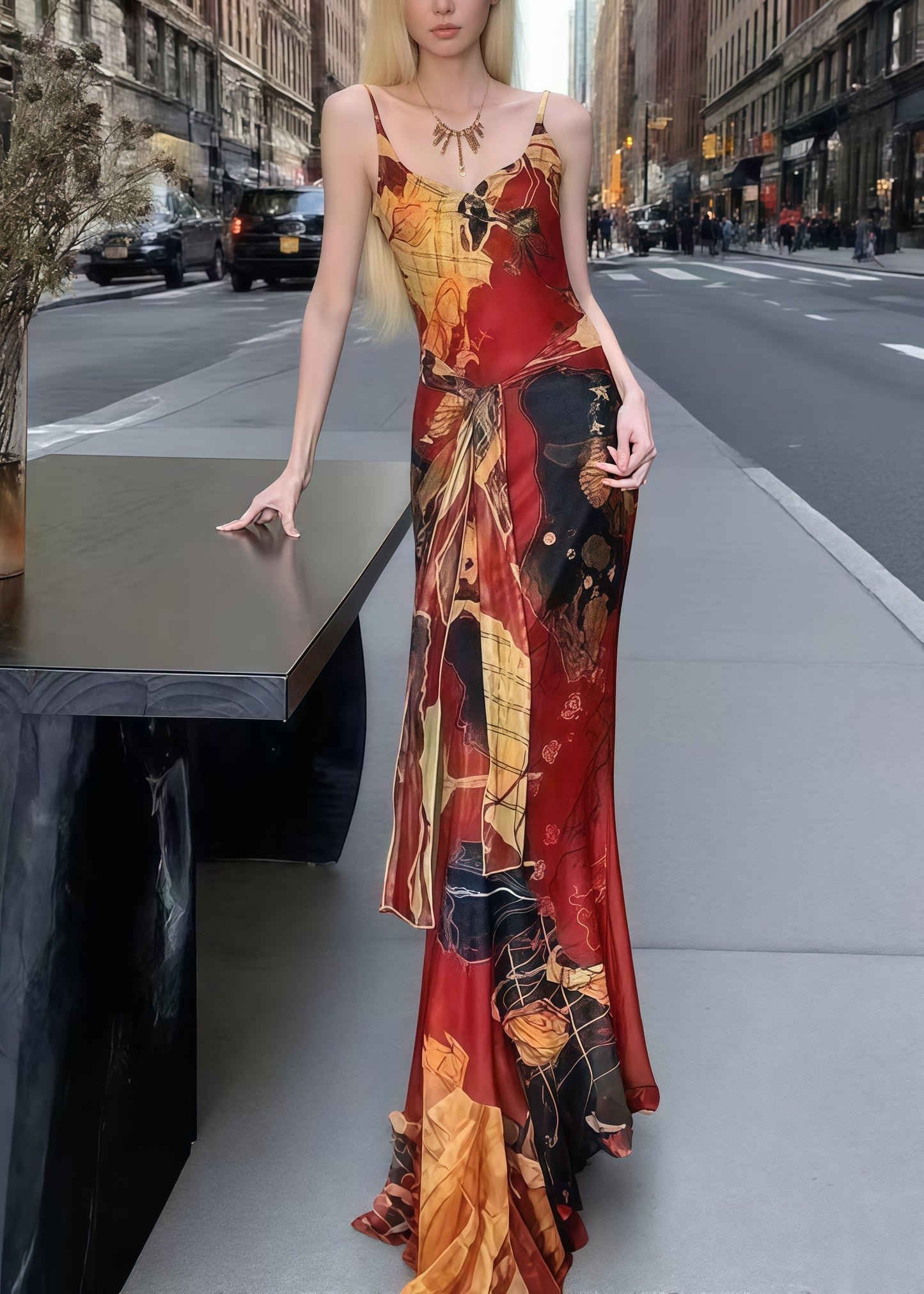 Women Red Painting Tie Waist Tulle Spaghetti Strap Dress Summer