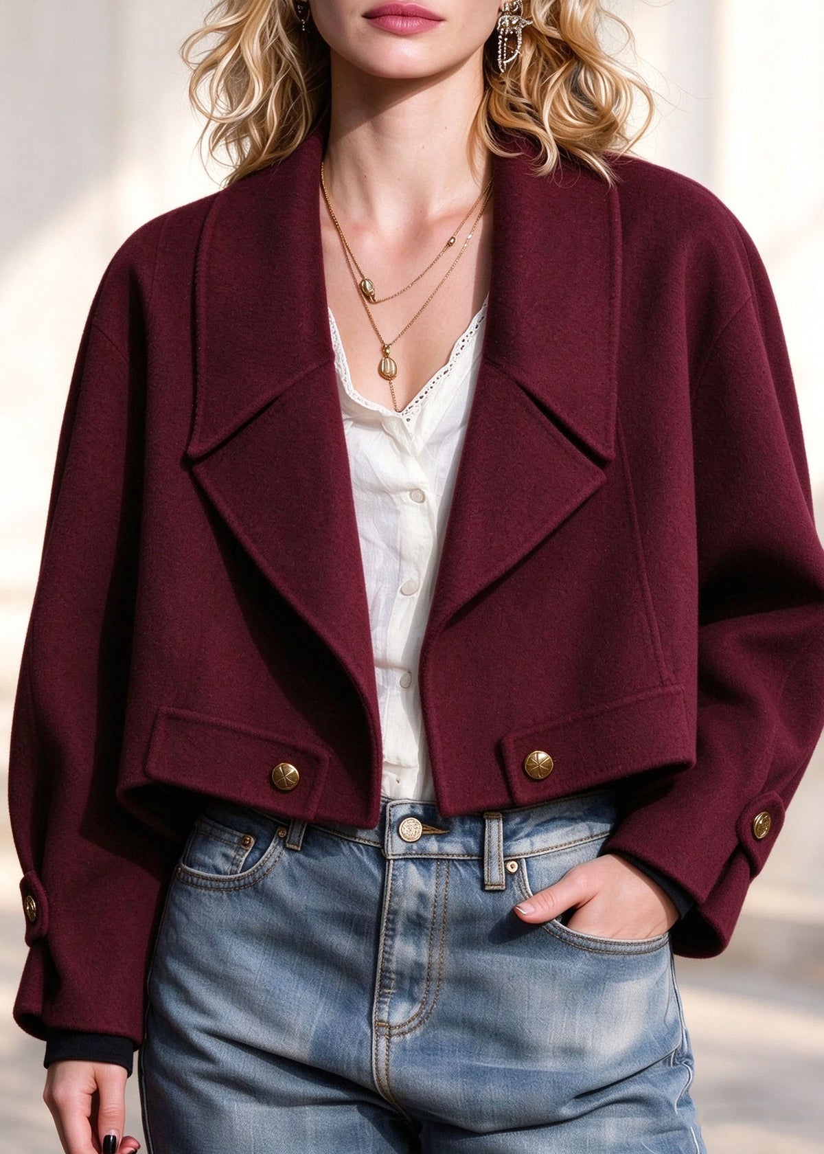 Women Red Patchwork Woolen Coats Long Sleeve