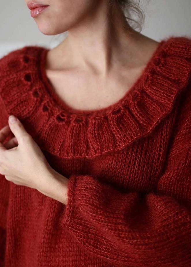 Women Red Peter Pan Collar Oversized Knit Pullover Winter