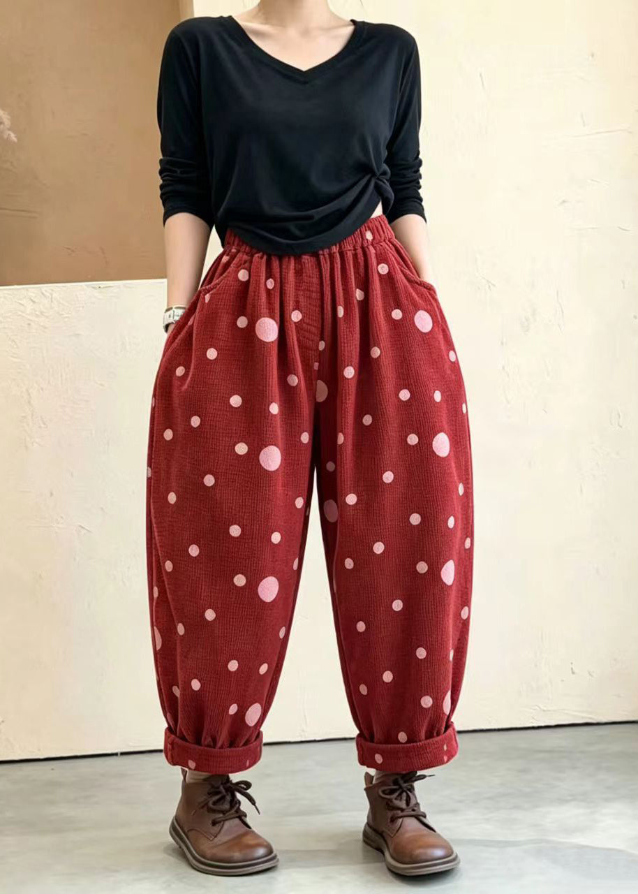 Women Red Pockets Polka Dot Print Elastic Waist Cuffed Corduroy Crop Pants Fall