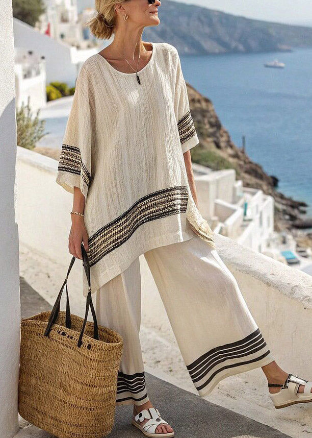Women Red Striped Patchwork T Shirts And Wide Leg Pants Two Pieces Set Half Sleeve