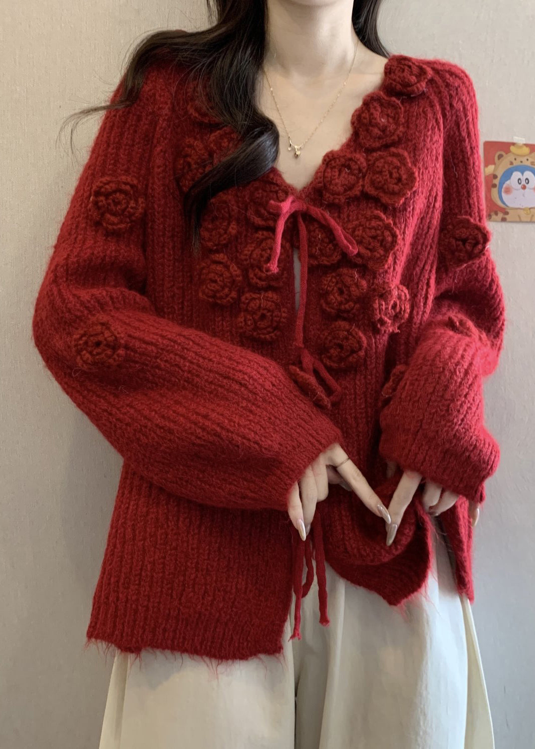 Women Red V Neck Floral Lace Up Cotton Knit Cardigans Winter