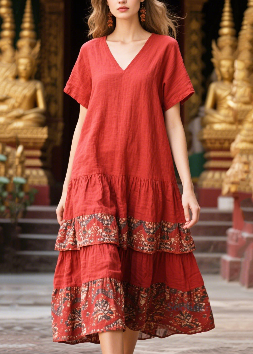 Women Red V Neck Patchwork Print Cotton Holiday Dress Summer