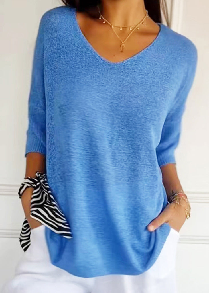 Women Red V Neck Plus Size Knit Shirt Top Summer