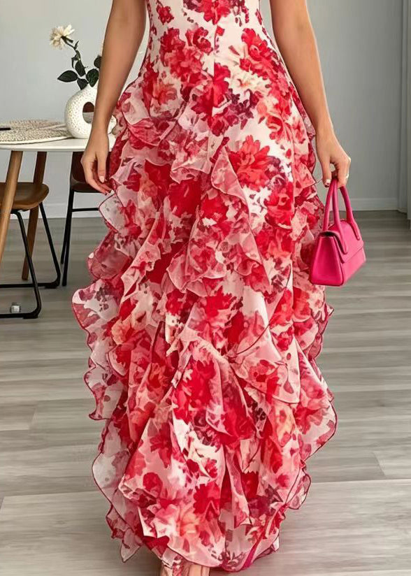 Women Red V Neck Print Chiffon Spaghetti Strap Dress Summer