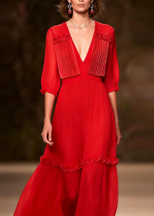 Women Red V Neck Ruffled Floral Patchwork Chiffon Dress Summer