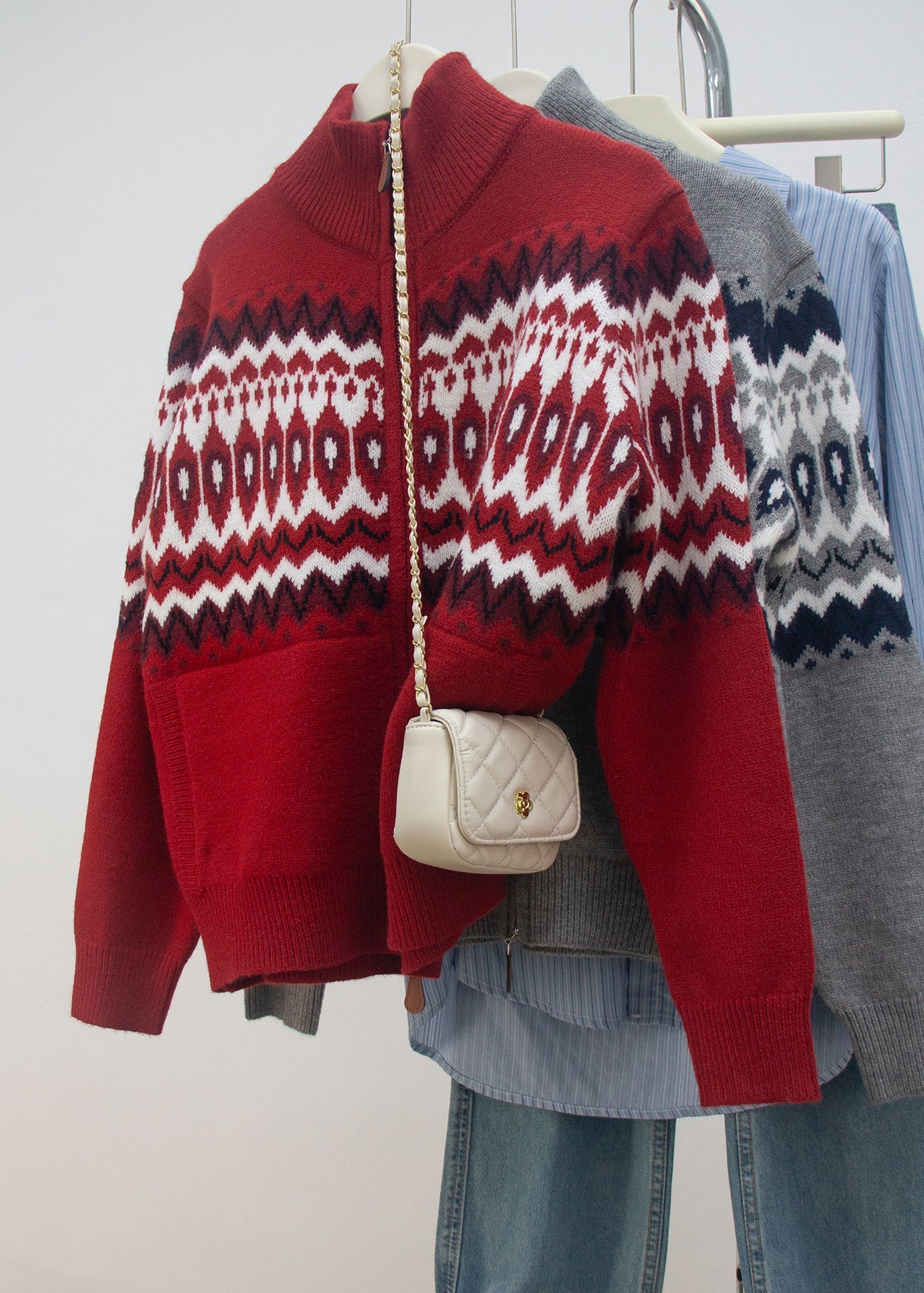 Women Red Zip Up Print Knit Cardigans Spring