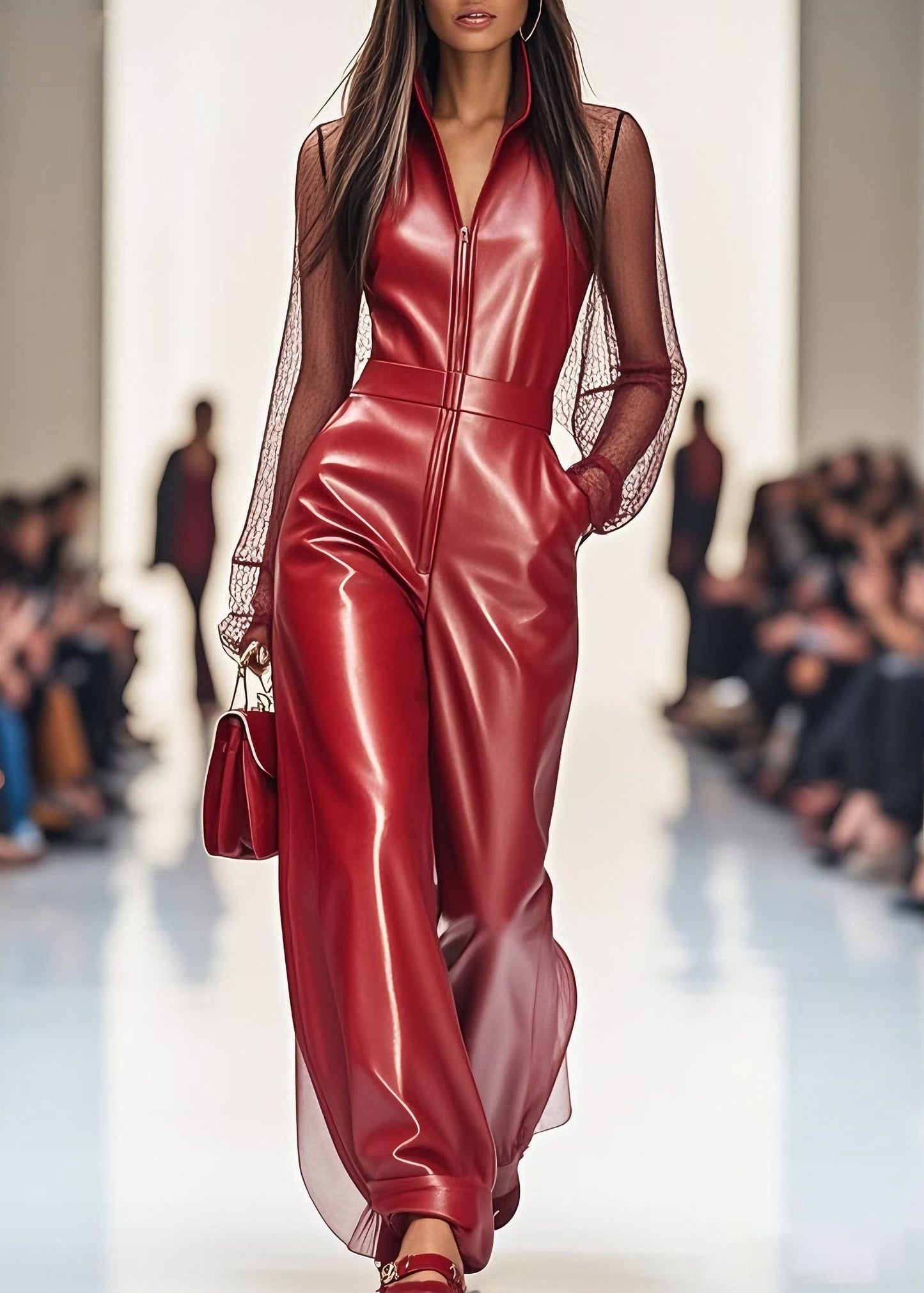 Women Red Zip Up Tulle Patchwork Faux Leather Jumpsuit Summer
