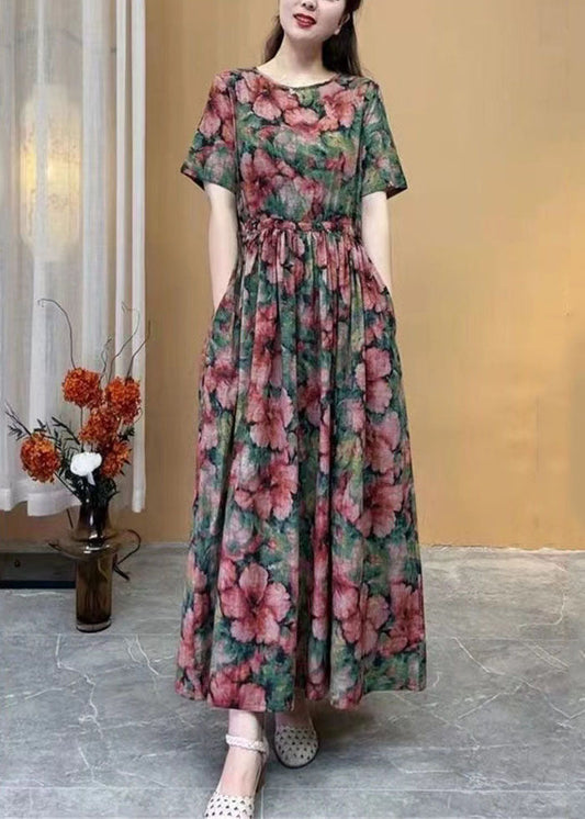 Women Rose Floral Cotton Long Dress Cinched Summer