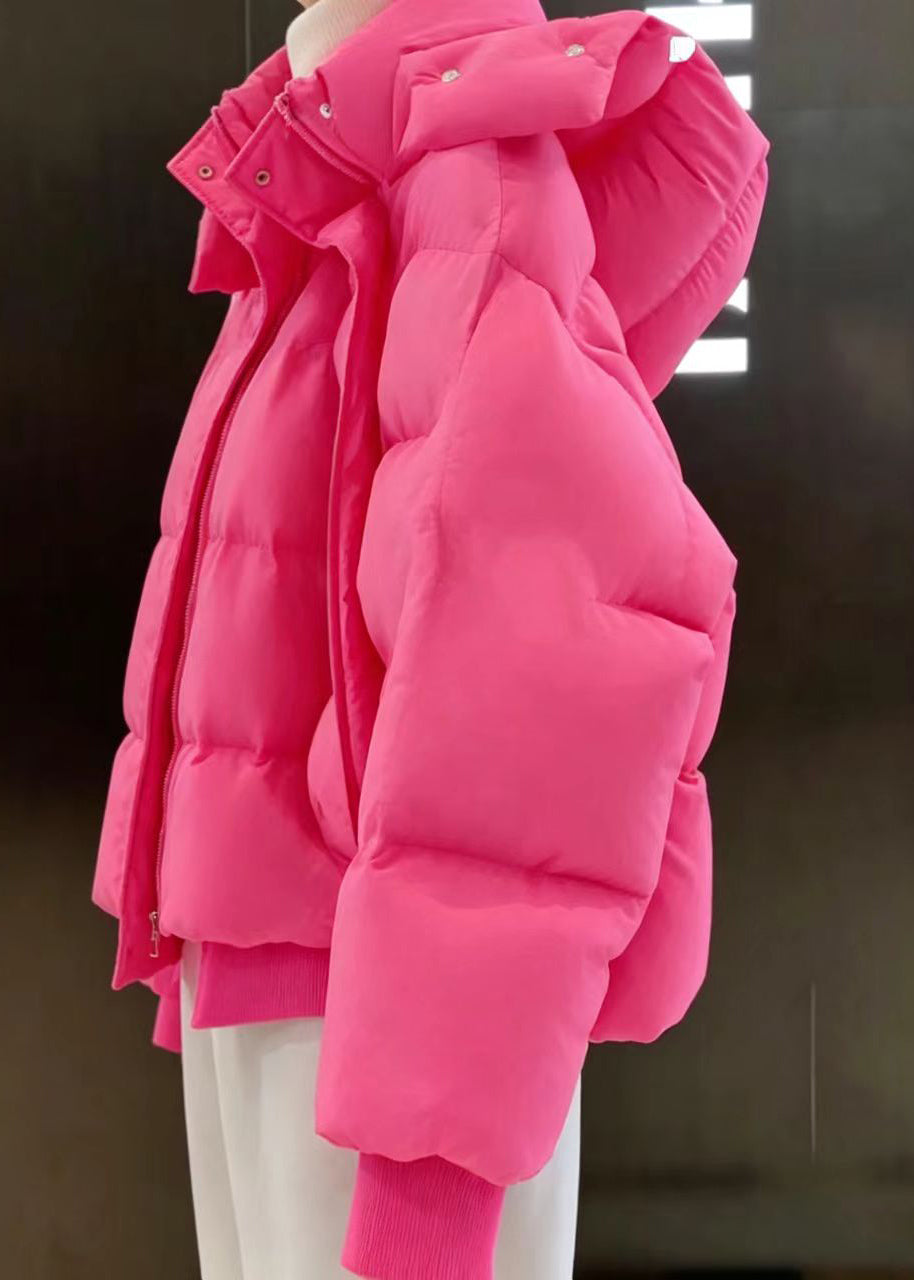 Women Rose Stand Collar Hooded Cotton Filled Puffers Jackets Winter