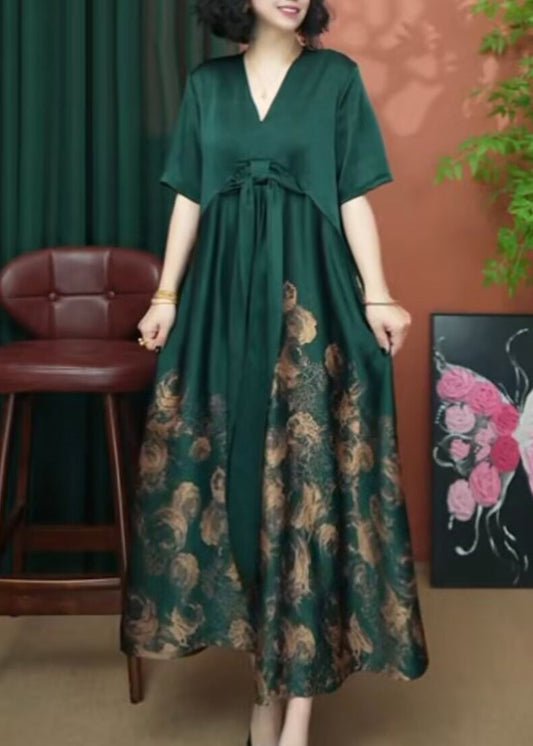 Women Rose V Neck Print Patchwork Silk Long Dress Summer