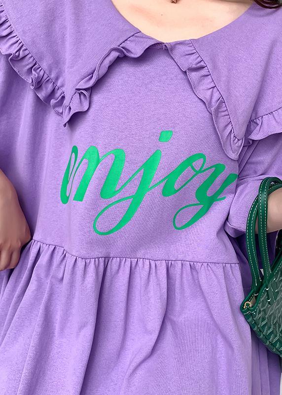 Women Ruffled Batwing Sleeve dress purple Letter Dresses - SooLinen