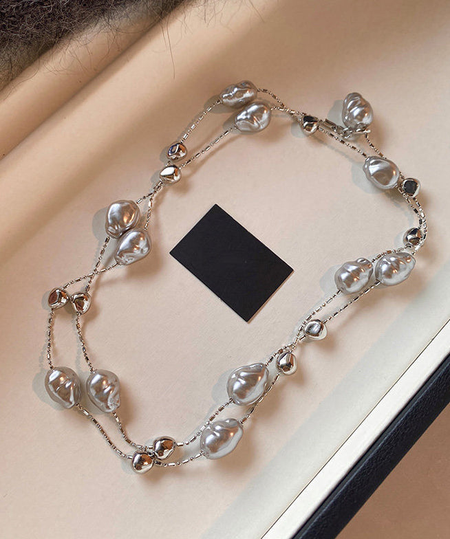 Women Silk Asymmetric Pearl Adjustable Copper Necklace